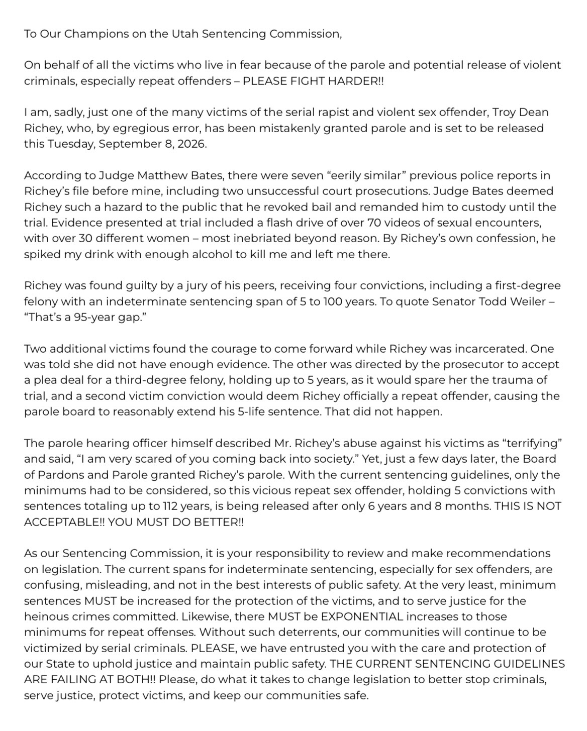 Victim statement shared with the Utah Sentencing Commission on September 2, 2026